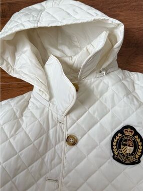Ralph Lauren Cream Crest Detail Quilted Hooded Jacket with Contrast Trim